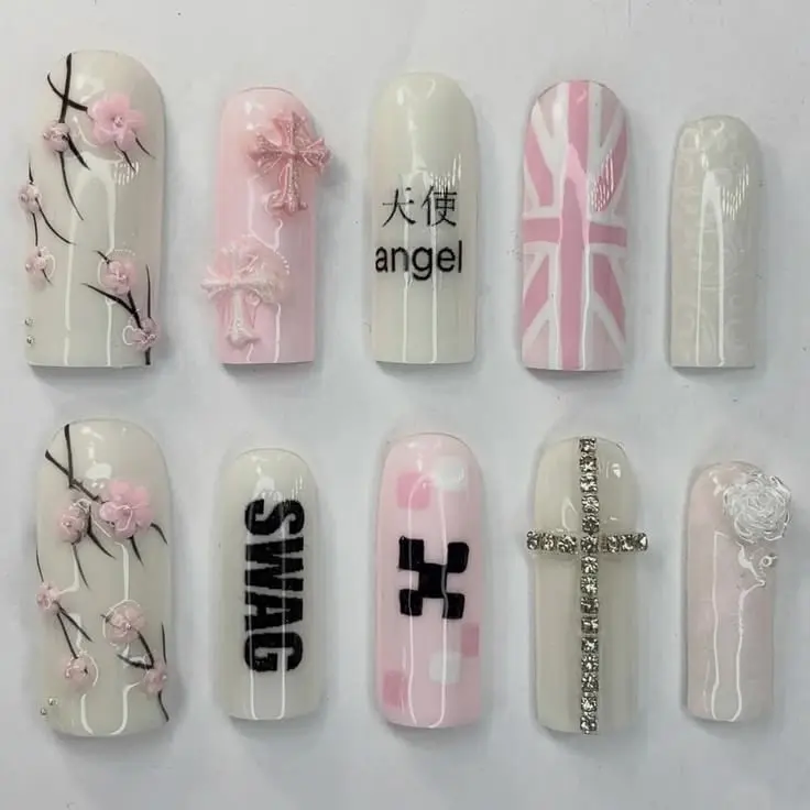 Y2K Pink White Press On Nails, Punk Grunge Cherry Blossom Fake Nails, SWAG Angel Japanese Letter Cross Charm Nail Art, Long Square Handmade Nail Set | Gift Set (Adhesive Tabs, Nail File, Cuticle Stick)
