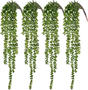 CEWOR 4pcs PVC Artificial String of Pearls Hanging Succulents, Decorative Fake Hanging Plants for Home Garden, Indoor-Outdoor Greenery Wall Backdrop Decor