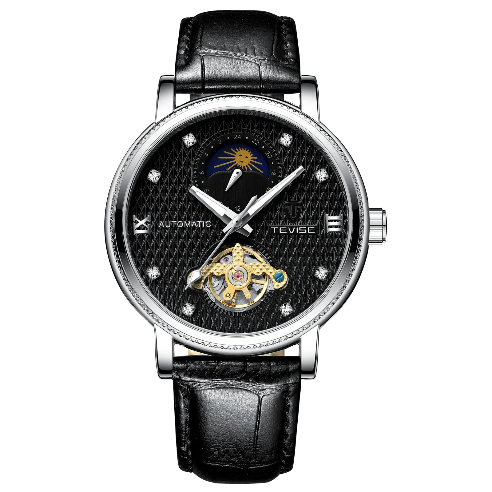TEVISE Luxury Skeleton Watch for Men - Moon Phase, Leather Strap, Waterproof Dress Watch