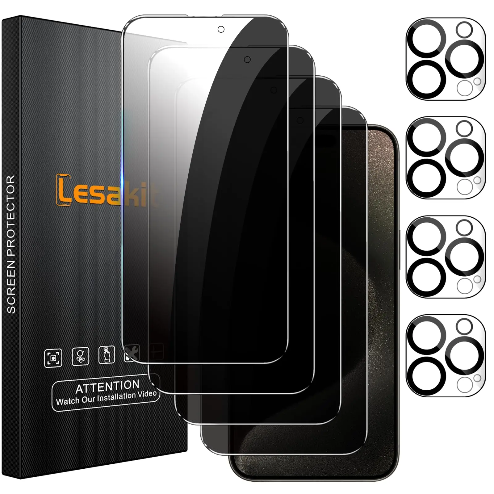 [Privacy | Anti-spy] 4 cameras & 4 privacy films made of tempered glass | Anti-spy screen protector made of tempered glass for iPhone 16/15/14/13/12/11 Pro Max/Pro/Plus/Air – scratch-resistant protection for your mobile phone