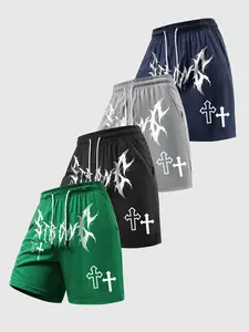 4 Pack Sport Shorts, Gym Training & Casual Wear, Dark Letter Cross Pattern, Quick-Dry Breathable Fabric, Unisex Fitted Short Pants, Athleisure Shorts, Performance Shorts, Athletic Wear Shorts