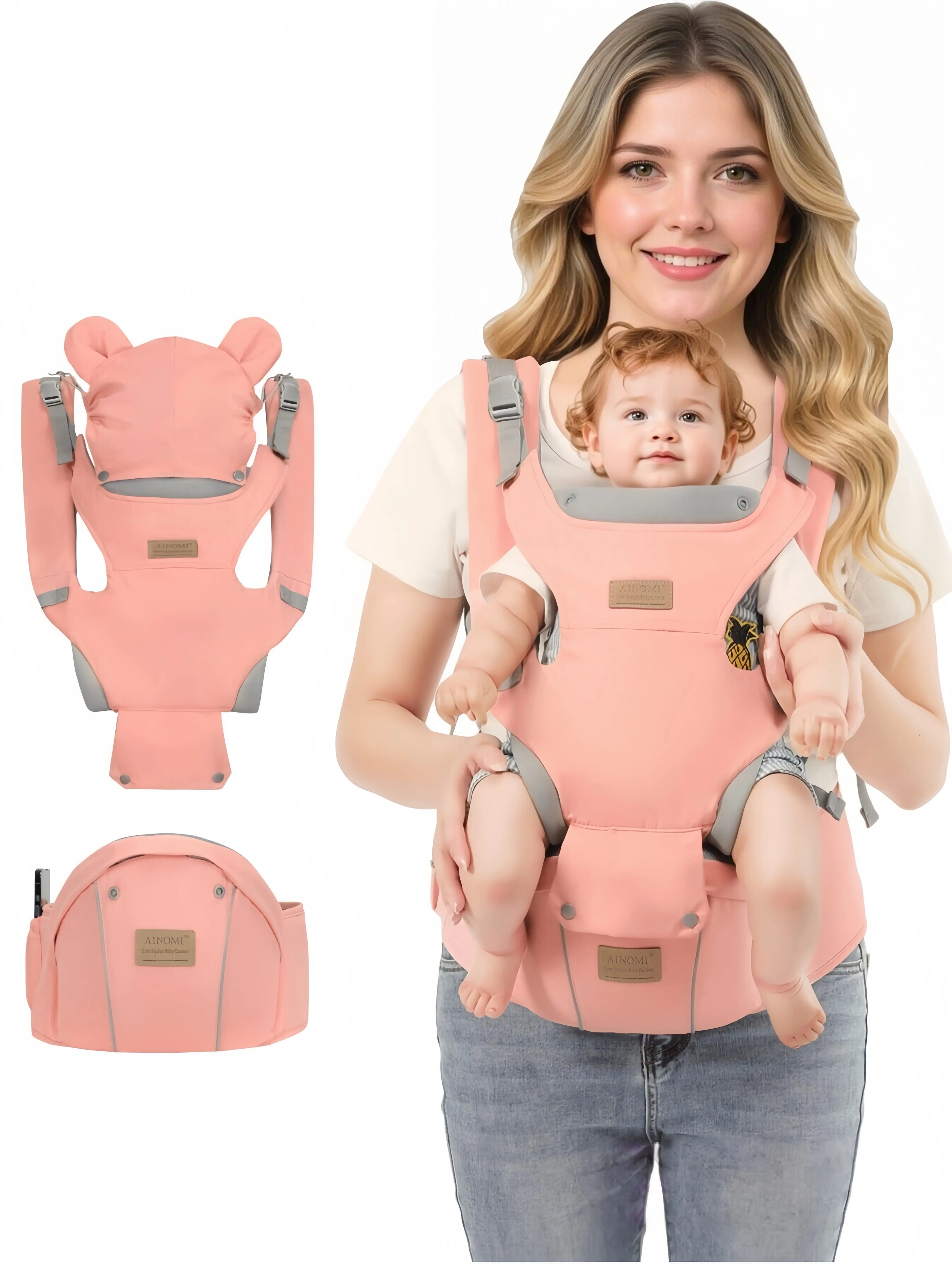 Ainomi 2-in-1 Front-Facing Baby Carrier - Unisex Newborn & Toddler Essential, Adjustable Front & Back Strap Waist Stool, Lightweight Portable Ergonomic Soft-Structured Sling for Outings, Front-Facing Baby Carriers