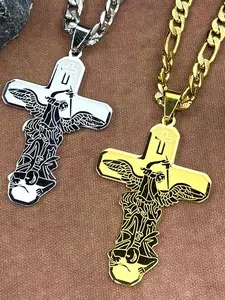 Christian Archangel St.Michael Protect Us Cross Pendant Necklace for Men Stainless Steel Saint Michael Hip Hop Chain