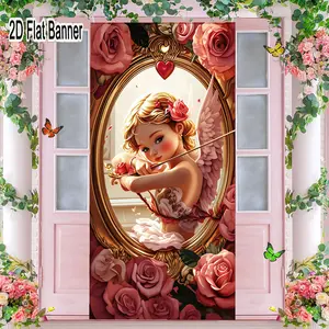 2D flat banner, 1pcRomantic Cupid Mirror Frame Backdrop, Golden Oval Frame with Pink Roses & Heart Decor, Whimsical Love Theme Photo Prop for Valentine's Day Decorgalentines party decor, valentine day decor, decorations for valentines day