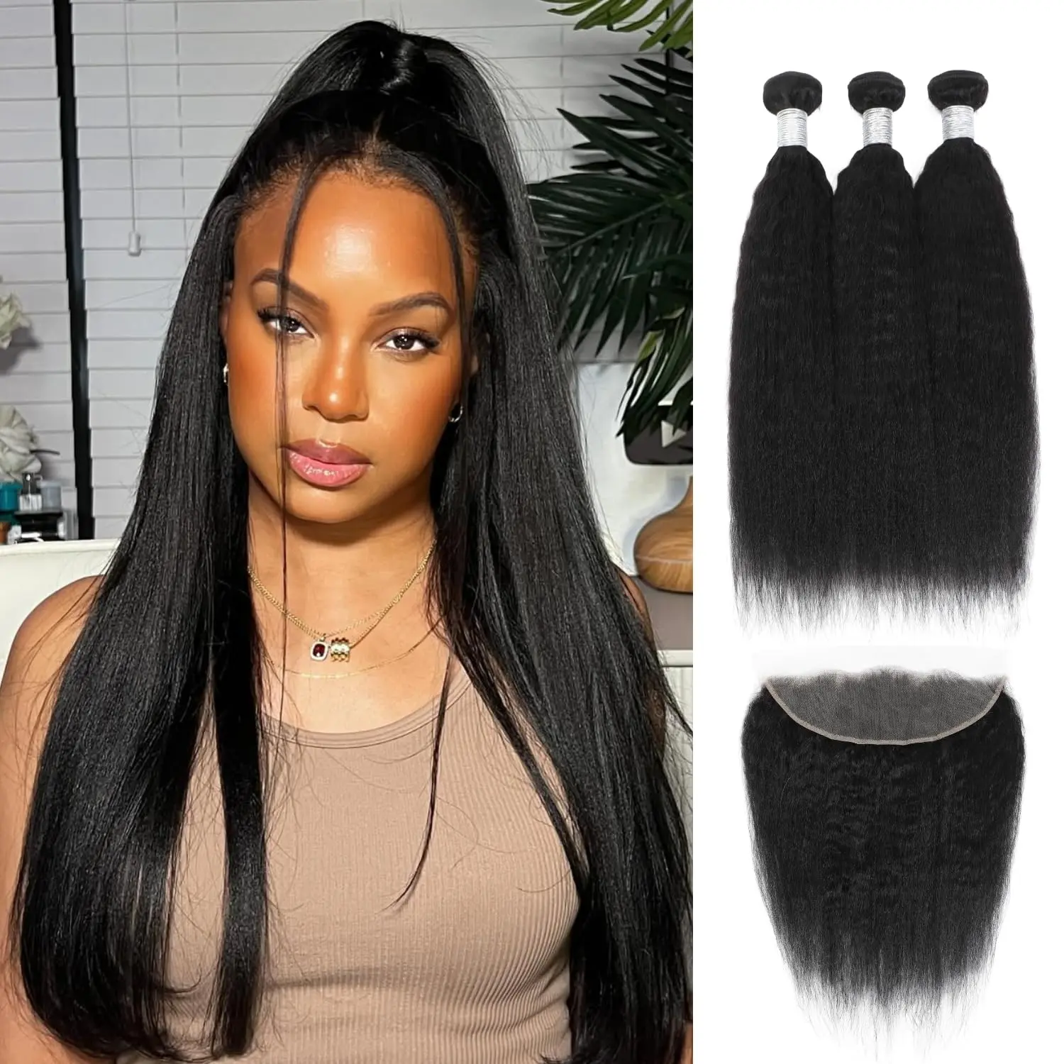 ANMETAN Yaki Straight Bundles with Frontal Human Hair, 12A Light Yaki Straight Real Hair 3 Bundles and 13X4 HD Lace Closure Ear to Ear, 4X4 Lace Closure, Pre Plucked 100% Virgin hair Natural Black