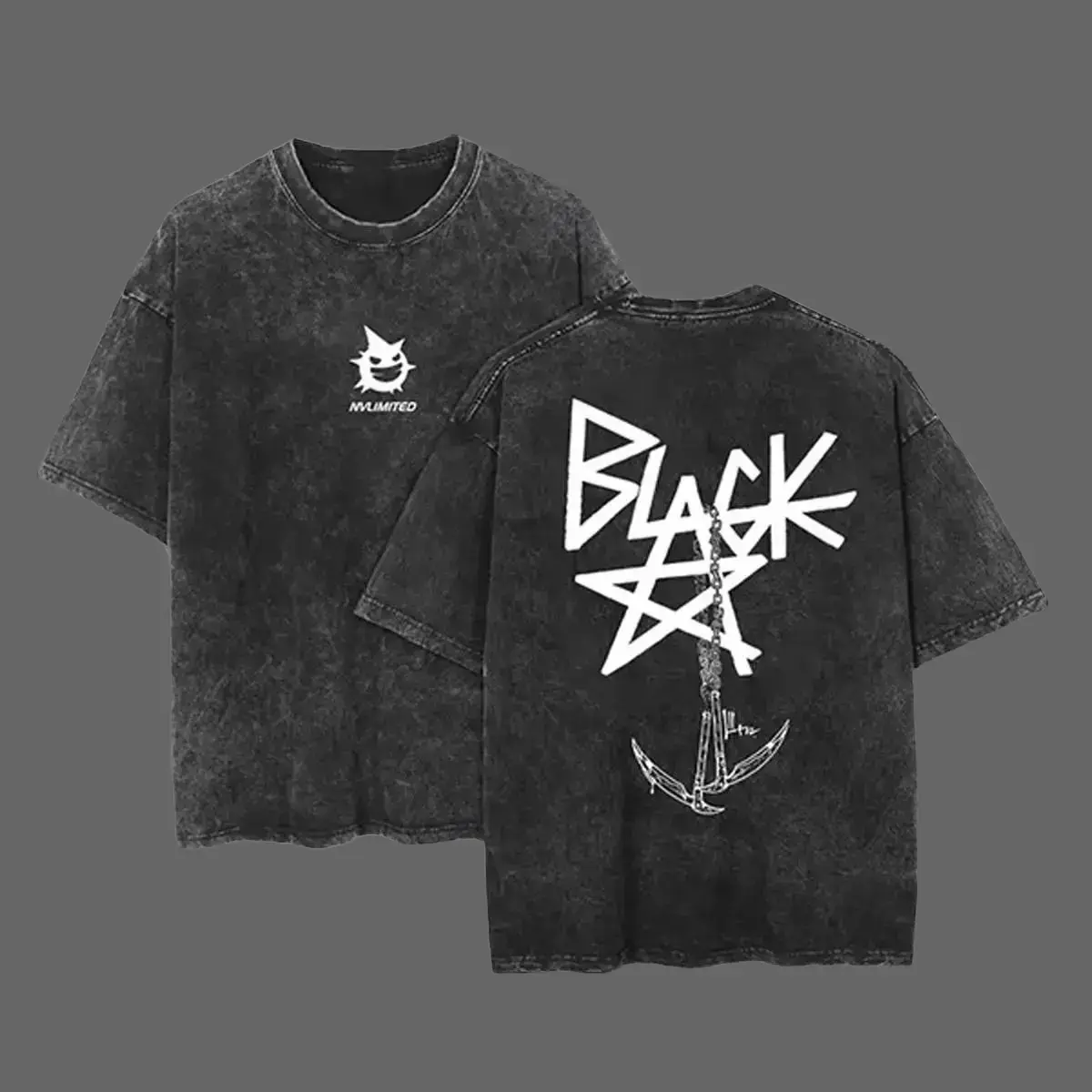 Men's Blackstar X Chain Scythe Soul Eater Graphic Tee - Short Sleeve, Crew Neck, Relaxed Loose-Fitting Unisex Cotton Vintage Washed Machine Washable Streetwear Top for Anime Fans, Relaxed Fit, Casual, Oversized, T-Shirt, Unisex Design, 2Xl