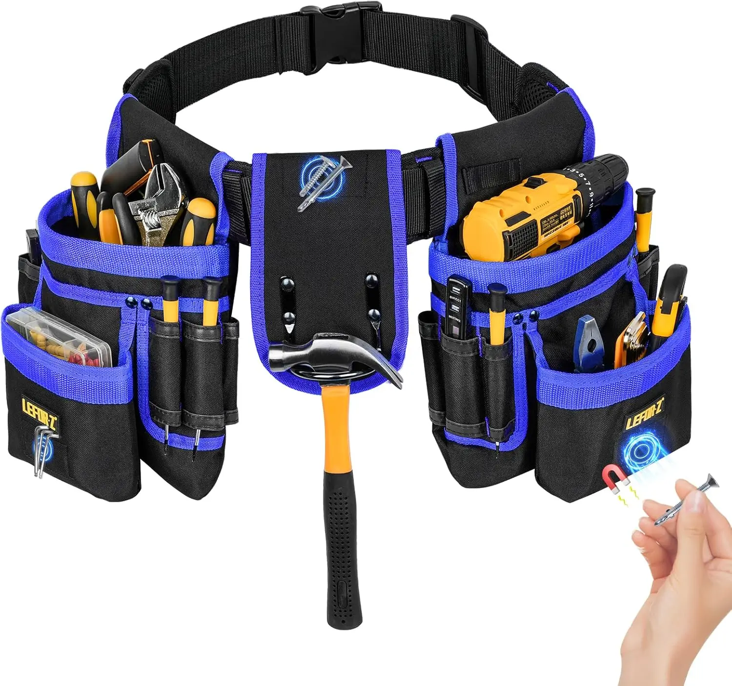 Tool Belt With Magnetic Pouch – 13-Pocket Detachable & Adjustable Utility Belt For Men, Fits 31-48" Waist, For Electrician Carpenter Construction