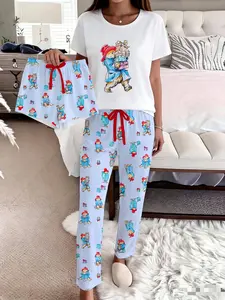 Women's Bear Print Short Sleeve Long Pants Sleepwear Set, Casual Fitted Home Clothing, Comfortable Daily Wear, Party, Pajama Set