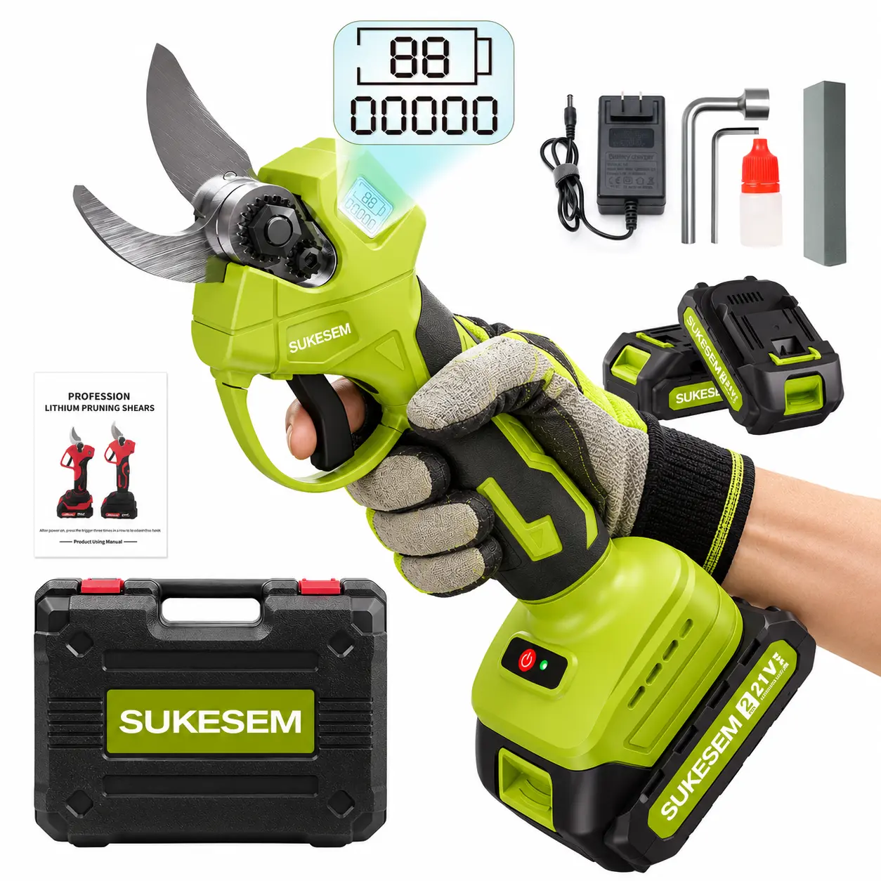 SUKESEM Cordless Electric Pruning Shears, 1.35in Aluminum Garden Tools with Brushless Motor, 21V Rechargeable Batteries, LCD Display, Cuts Thick Branches Quickly for Daily Garden Maintenance, Heavy-Duty Gardening Fathers Day Gift,toolupgrade