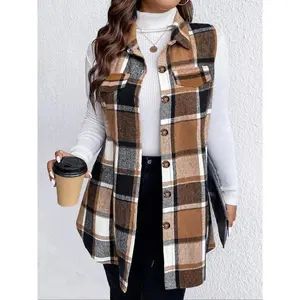 [Plus Size] Plaid Print Button Front Vest Coat, Casual Sleeveless Collared Outerwear for Fall & Winter, Gift Set for Women,?Women's Plus Size Clothes for Daily Wear