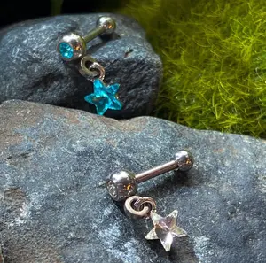 1pc Crystal Star Dangle Tragus Helix Cartilage Ring 16g 1/4" Ear Stud Barbell