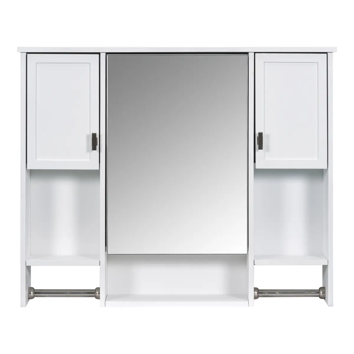 35"x28" Wall-Mounted Modern Storage Cabinet - Rectangular MDF Plastic-Free Bathroom Mirror Cabinet with 3 Doors, High Capacity, Multi Compartments, Adjustable Shelf, Towel Rods, Concealed & Open Storage, HD Mirror, Minimalist Decor, Wall Mount
