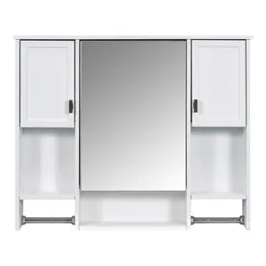 35"x28" Rectangular Wall-Mounted Bathroom Mirror Cabinet - 3-Door MDF Plastic-Free Furniture-Style High-Capacity Multi-Compartment Cupboard with Adjustable Shelf, Towel Rods, Concealed & Open Storage, HD Mirror, Minimalist Indoor Decor, Furniture-Style Wa