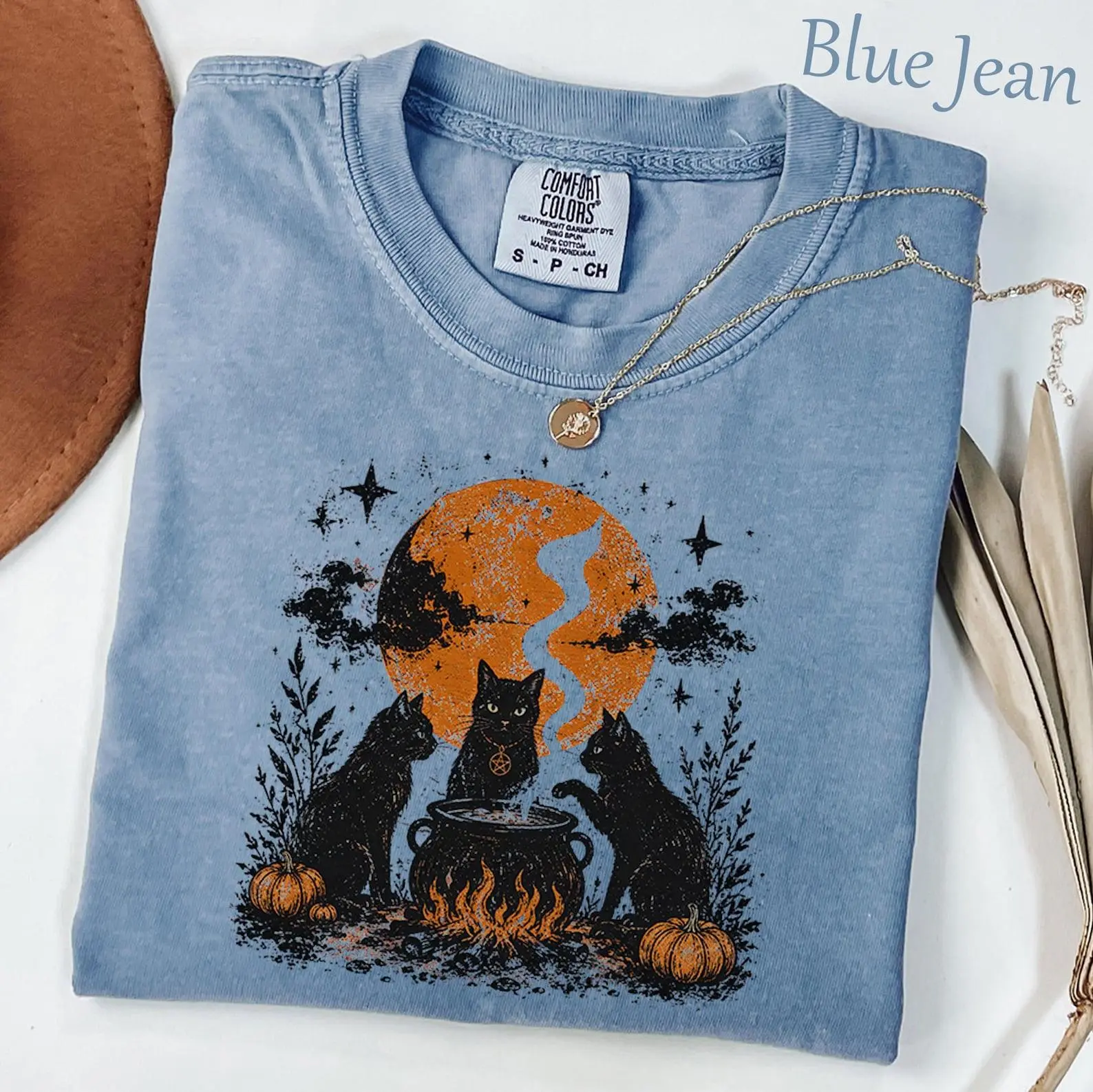Comfort Colors Witch Cat Coven Halloween Shirt, Black Cat Cauldron T-Shirt, Spooky Cat Moon Pumpkin Shirt, Gothic Cottagecore Cat Lover Gift