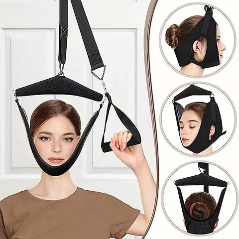 Unisex Ergonomic Cushioned Cervical Traction Device Neck Stretcher - Over-The-Door Design with Door Hook, Buckle, Adjustable Fit, Portable & Stylish Design, Simple Pull Straps for Quick Home Setup, Posture Improvement, Reduces Spinal Pressure