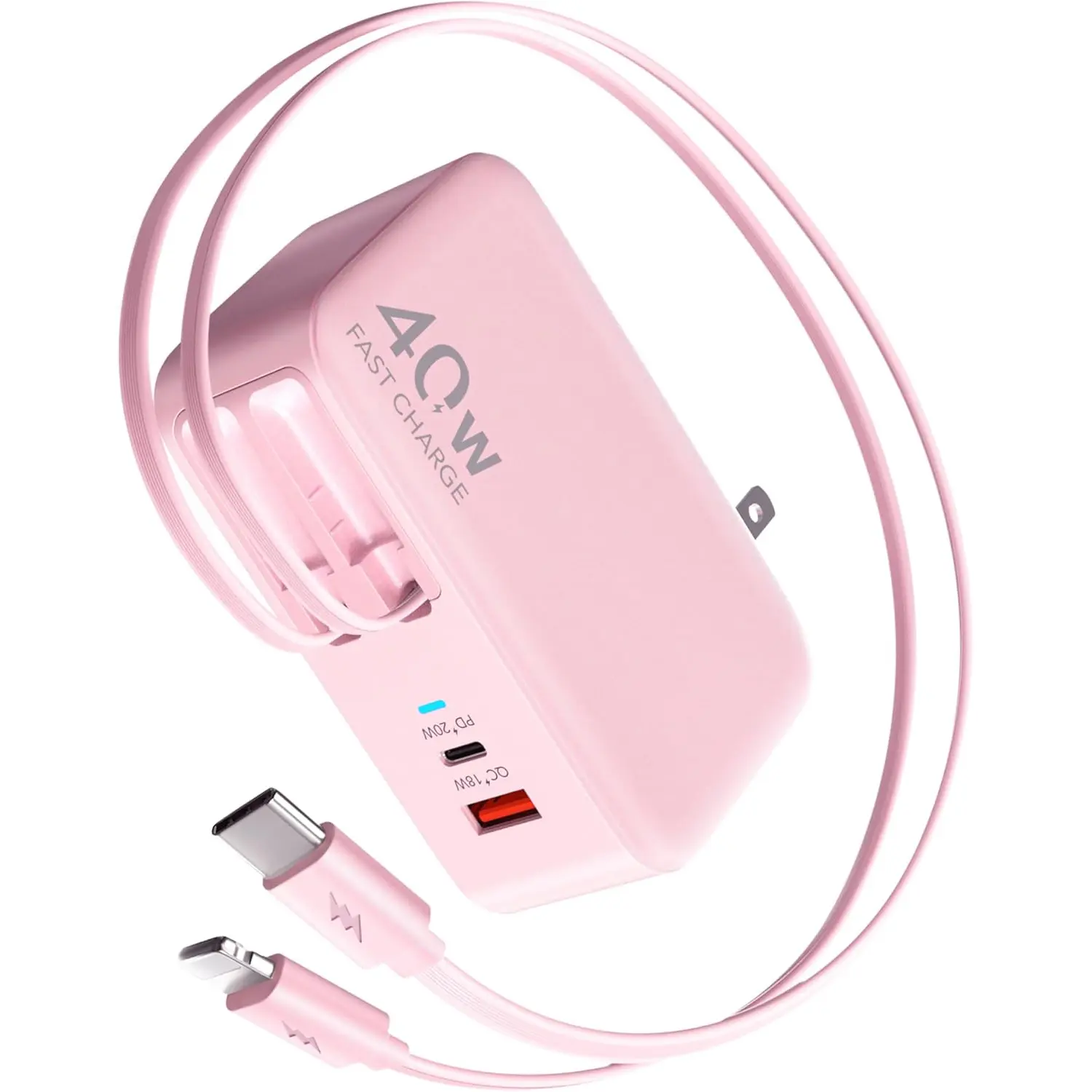 4-in-1 Retractable Wall Charger with Dual USB Ports and 90cm Lightening and Type-C Cables, 40W Fast Charging Foldable Block Compatible with ipad,iPhone 16/15, airpods,Galaxy, Pixel, and More Portable Android