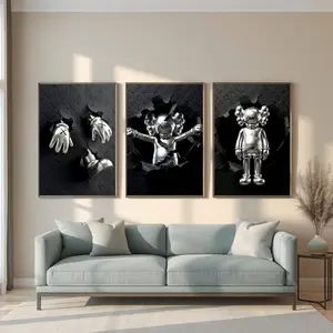 Decorative HypeBeast Kaws Inspired Luxury Wall Art Poster Set Of 3, Kaws Style Hypebeast Decor, Black and Silver Urban Kaws, Kaws Figured