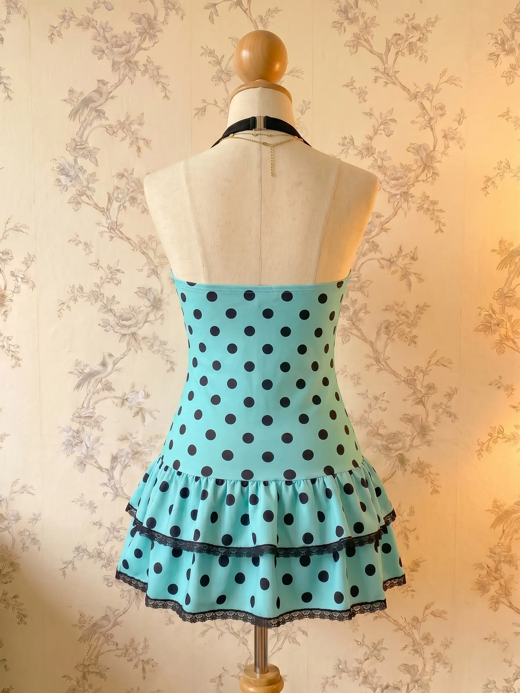 Blue 1940s Halter Polka Dots Bow One-Piece Swimsuit Chocolate Mint Stretch  Mint - TikTok Shop