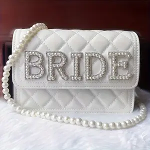 [Pearl Rhinestone Bride Bag] 1pc White Pearl Rhinestone BRIDE&MRS&WIFEY Shoulder Bag - Wedding Party Single Party Wedding Season Gift for the Bride Honeymoon Travel Essentials