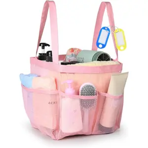 Mesh Shower Caddy Tote, Large Shower Caddy Basket Portable, Quick Dry Hanging Toiletry Bag, 8 Storage Pocket Bath Organizer for College Dorm, Gym, Camp, Travel (Pink)