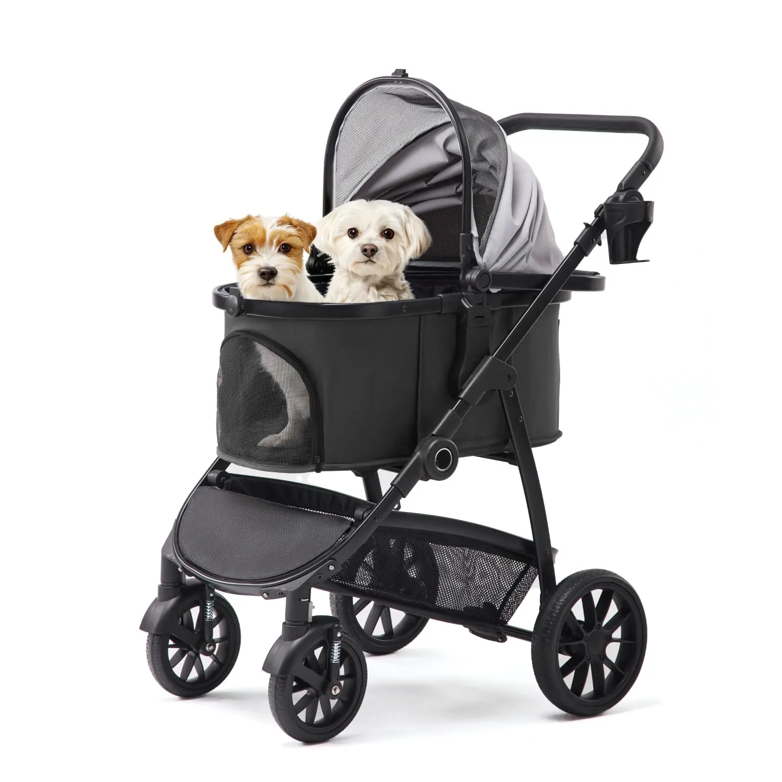Dog & cat 3-in-1 Pet Stroller for Medium Dogs & Cats, Detachable Aluminum Frame Carrier, All-Terrain 4-Wheel Dog Travel Carriage, Shock Absorption, Easy-Entry Low Door, Max 55lbs - Darkgrey~