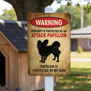 Papillon Sign, Beware of Dog Funny Metal Warning Sign Metal Warning Sign Brown Attack Papillon Dog Silhouette And Text Property Protected By An Attack Papillon Papillon Is Protected By My Gun For Home Outdoor Garden Decoration