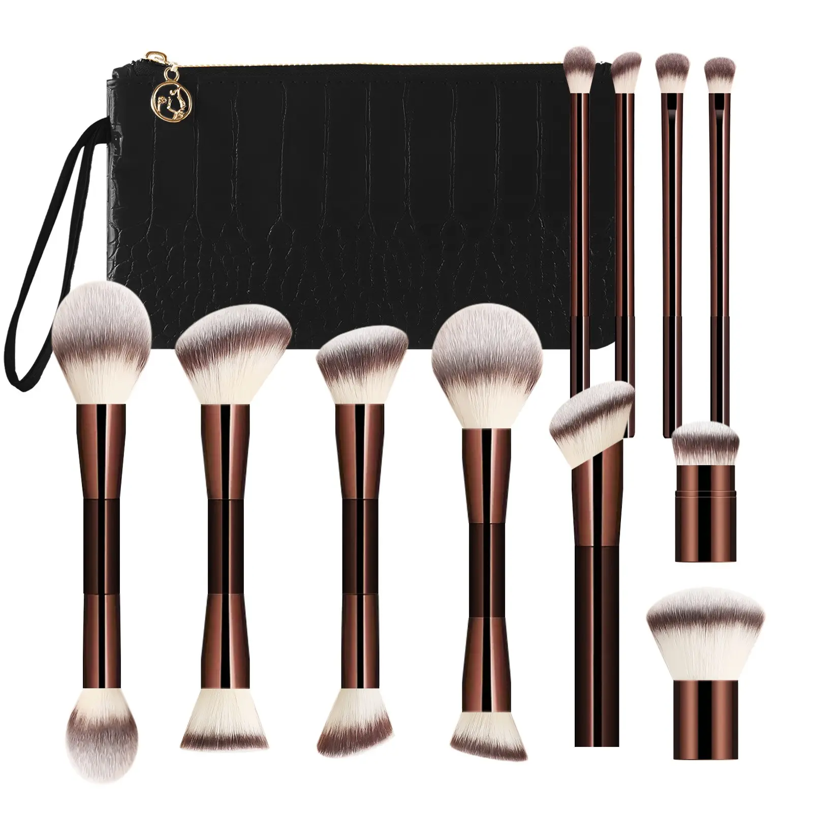 11-Piece Dual-Ended Makeup Brush Set with Crocodile Pattern Case, Soft Synthetic Bristles, Professional Face & Eye Brushes, Cruelty-Free, Cosmetics Brushes Set, Beauty Brush Set