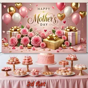 Mother's Day Party Banner Backdrop, Romantic Rose & Gold Balloon Decor, Indoor Outdoor Event Photography Background, Gift for Mom, Party Supplies