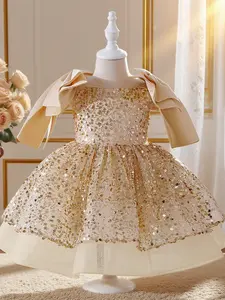 Little girl piano host performance costume fashion sequined bow puffy princess dress birthday party