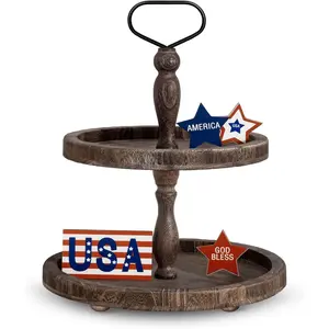 Rustic Wooden 2 Tiered Tray, Round Farmhouse Kitchen Table Decor Serving Tray, Food Fruits Cupcake Display Coffee Bar Home Party Seasonal Decorations (Brown)