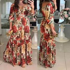 Lantern Sleeve Extra Long Dress Bohemian Style Floral Embroidery V-Neck Long A-Line Dress Vintage Casual Vacation Beach Dress