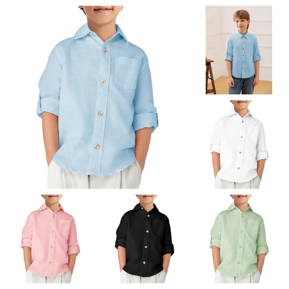 【5-14 Years】Haloumoning Boys Linen Button Down Dress Shirt Kids Long Sleeve Shirts Tops with Chest Pocket 5-14 Years