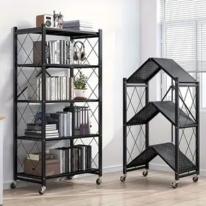 5Tier Heavy Duty Foldable Metal Rack Storage Rack, Removable Organizing Rack with Wheels, Suitable for Garage Kitchen, Black Kitchen Storage Rack, Garage Storage Organizer Rack, All-In-One Storage