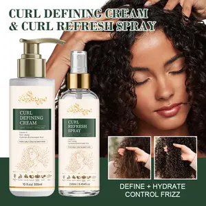 2PCS Curl Defining Cream & Curl Refresh Spray Duo, 300ml+250ml Curly Hair Products for Wavy, Curly & Coily Hair, Leave-In Hydrating Curl Cream + Lightweight Refresh Spray, Rosemary Oil, Rice Water & Batana Oil, Frizz Control, Soft Hold & Shine