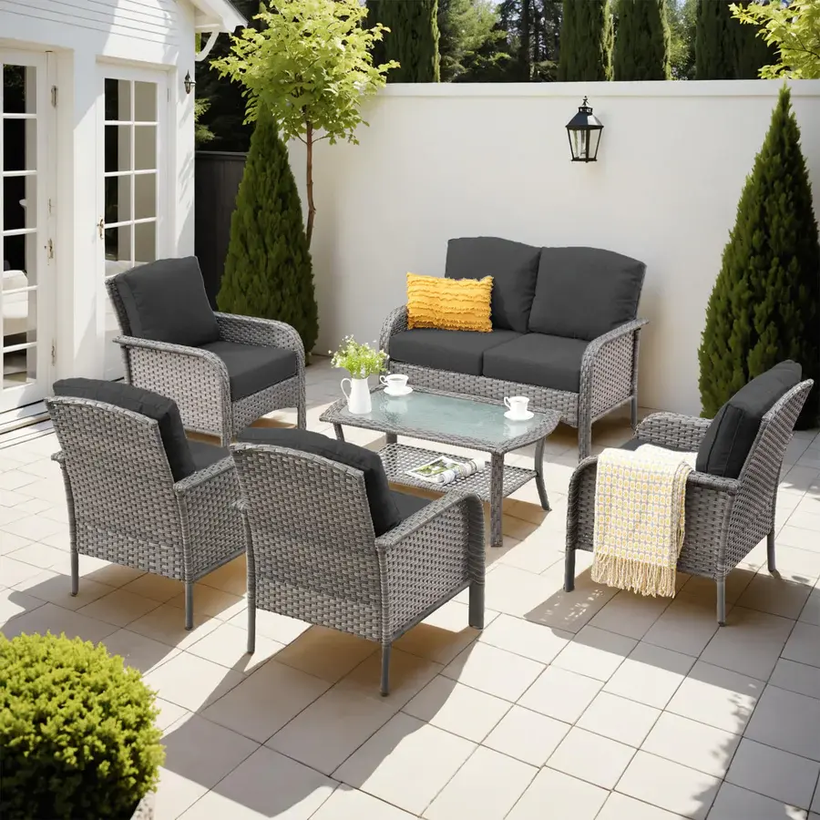 【Black Friday & Cyber Monday Deal】Ooswift 6-Piece Patio Furniture Set, All-Weather Wicker Rattan Conversation Bistro Set with 2 Loveseats & Tempered Glass Table, Outdoor Backyard Balcony Garden Seating Group with Thick Cushions
