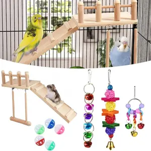 Bird Perches Platform Swing with Climbing Ladder, Parakeet Cockatiel Bird Toys, Parakeet Cage Accessories Wooden Playing Gyms Exercise Sturdy for Small Birds