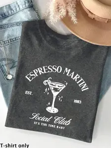 Women's Espresso Martini Round Neck Graphic Tee, Vintage Trendy Casual Fitted Short Sleeve T-shirt for Daily Wear, Ladies Summer Outfit, Top