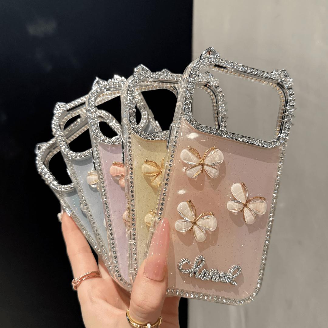 DIY Glitter Clear Phone Case with 3D Butterfly & Rhinestone Charms, Bling Cat Ear Diamond Frame Customizable Protective Cover for IP 17 PROMAX junk