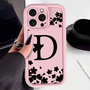 A Pink Floral Letter Black D Phone cases Case Compatible with iPhone 17 Pro Max 16 16e 15 14 Plus 13 12 Mini 11 Air X XS Pattern TPU Lens Protection Durable Soft Cover Valentine's Day Gift 2D printing Smartphone Protective