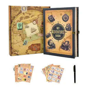 Vintage Travel Themed Photo Album, 1 Set PU Leather Cover Photo Scrapbook with Pocket Log & Wish List & Stickers & Ball-point Pen, Traveler's Notebook Plan Book, Gift for Friends & Family