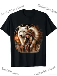 Indian Local American Woman with White Wolf Vintage Gifts T-Shirt Plus Size Gift Unisex Items Soft Breathable Lightweight - Crew Neck Regular Fit - Machine Washable Comfortable Crew Neck Short Sleeve Graphic Print T-Shirt Black