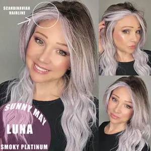 LUNA 20-inch mid-length layered synthetic wig for women, smoky platinum, natural scalp, 3.5×4.5 hard silky top, 13×1 front lace, Scandinavian hairline budget friendly wig