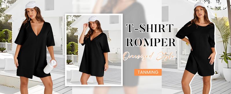 Mundoven Rompers for Women Casual Oversized Athletic Jumpsuits Overalls Workout Hot Shot Tee Romper