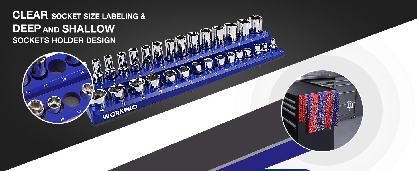 #fathersdaygift WORKPRO Magnetic Socket Organizer Set, 3-Pack Holder Set Includes 1/4", 3/8" and 1/2" Drive Metric Socket Trays, Holds 75 Pieces Standard and Deep Sockets #fathersdaygift WORKPRO Magnetic Socket Organizer Set, 3-Pack Holder Set Includes 1/4", 3/8" and 1/2" Drive Metric Socket Trays, Holds 75 Pieces Standard and Deep Sockets