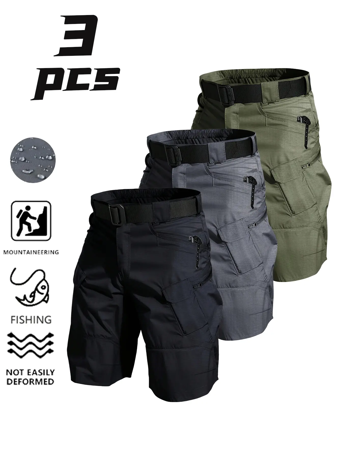 Men’s summer three-piece tactical cargo shorts set featuring layered zippered tool storage pockets and tear-resistant fabric, suitable for mountaineering, fishing, and field work.