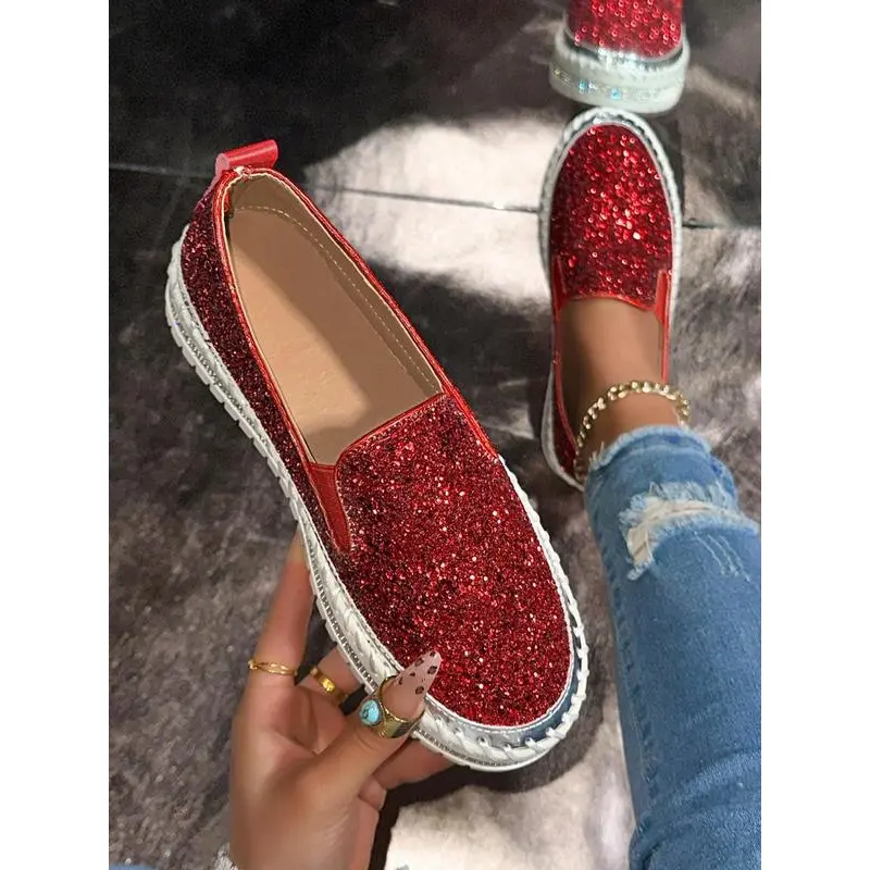Women’s Glitter Rhinestone Heelless No Heel Leather Feminine Glitter Finish Slip-On Loafer Flats - Fashionable, Lightweight, Breathable Low-Top Shoes for Daily Comfortable Wear, Leather Loafers, Heelless Loafers