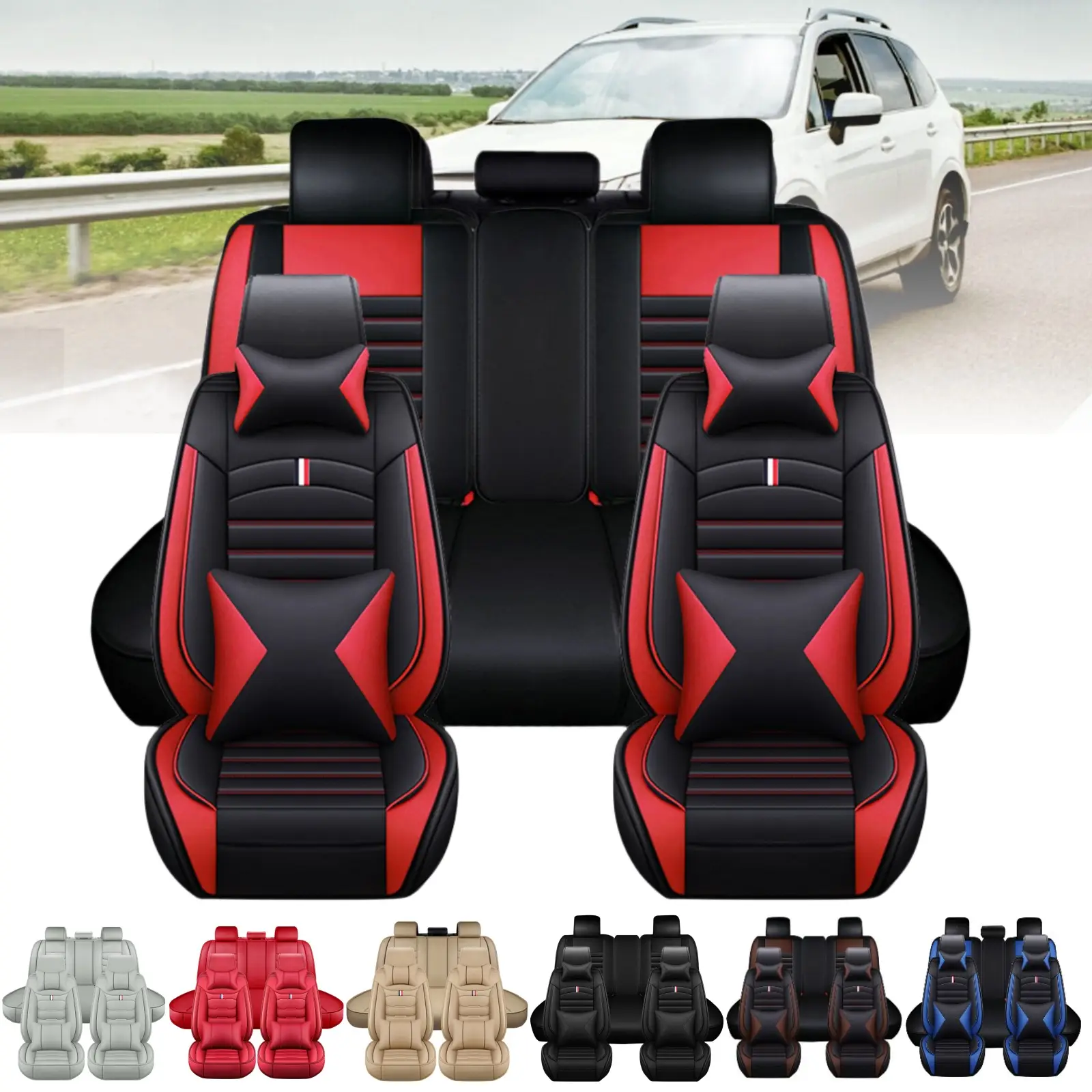 Premium Napa PU Leather Car Front Rear Seat Cover Full Set 5 Seat Protector Mat Breathable Cushion Pad Set Universal ,Full Surround Design with Storag