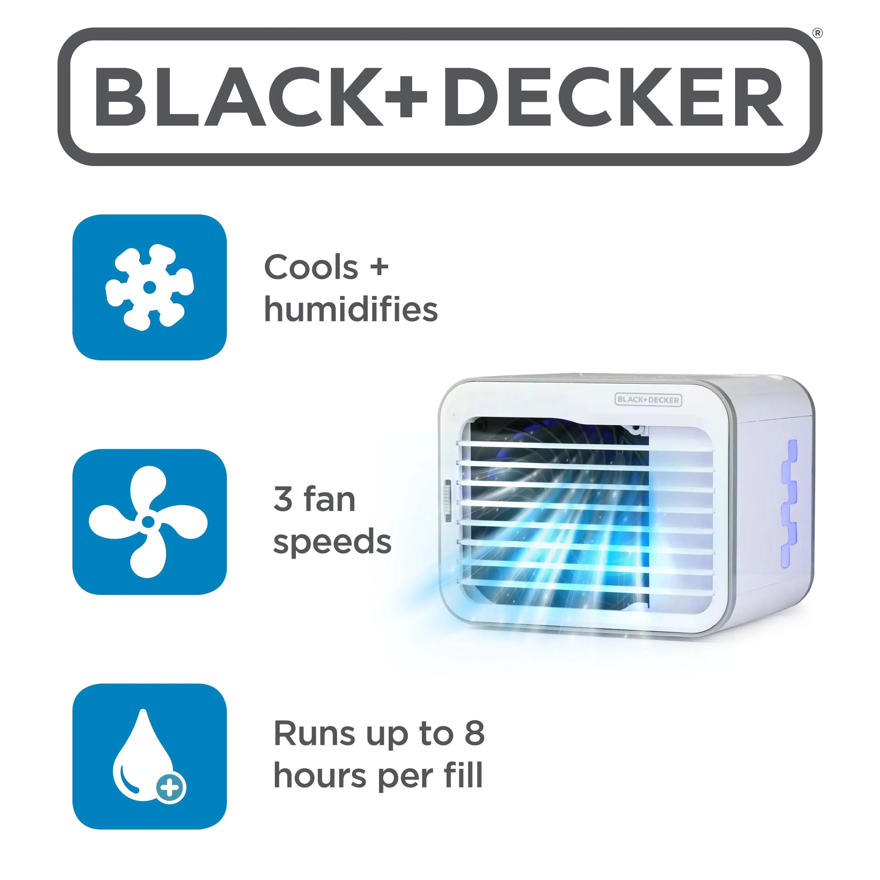 BLACK+DECKER Desktop Air Cooler, Personal Portable Fan with 3-Speeds, Evaporative Air Cooler with 0.5L Water Tank, Air Cooler Fan for Desk, Home, Office, Bedroom, and more, BDMC10, White/Gray