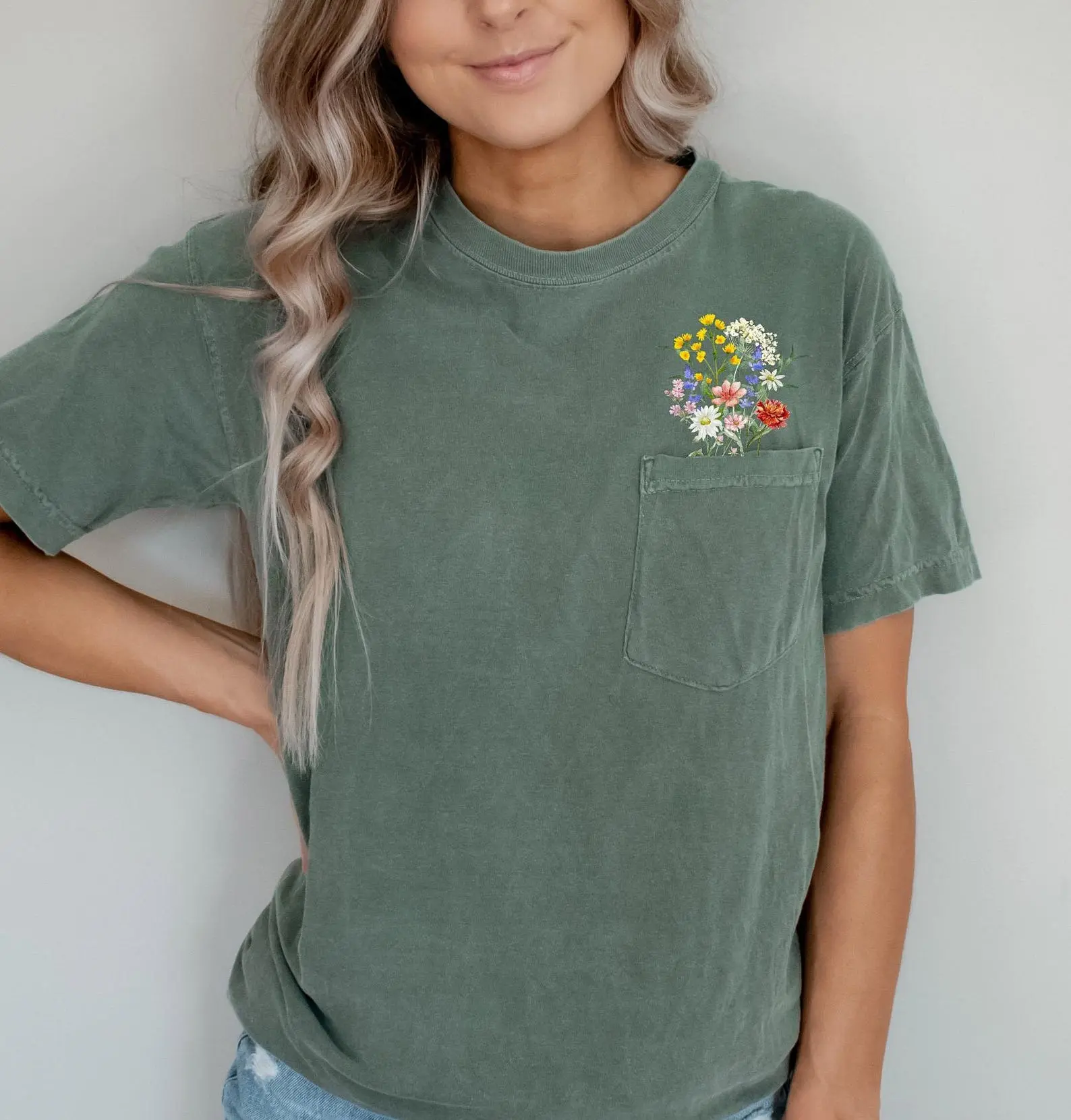 Faux Embroidery Wild Flower Comfort Heavyweight Premium Pocket Tees | Unisex Sizing