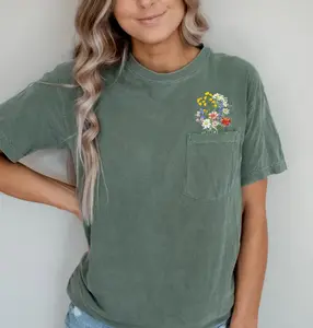 Faux Embroidery Wild Flower Comfort Heavyweight Premium Pocket Tees | Unisex Sizing
